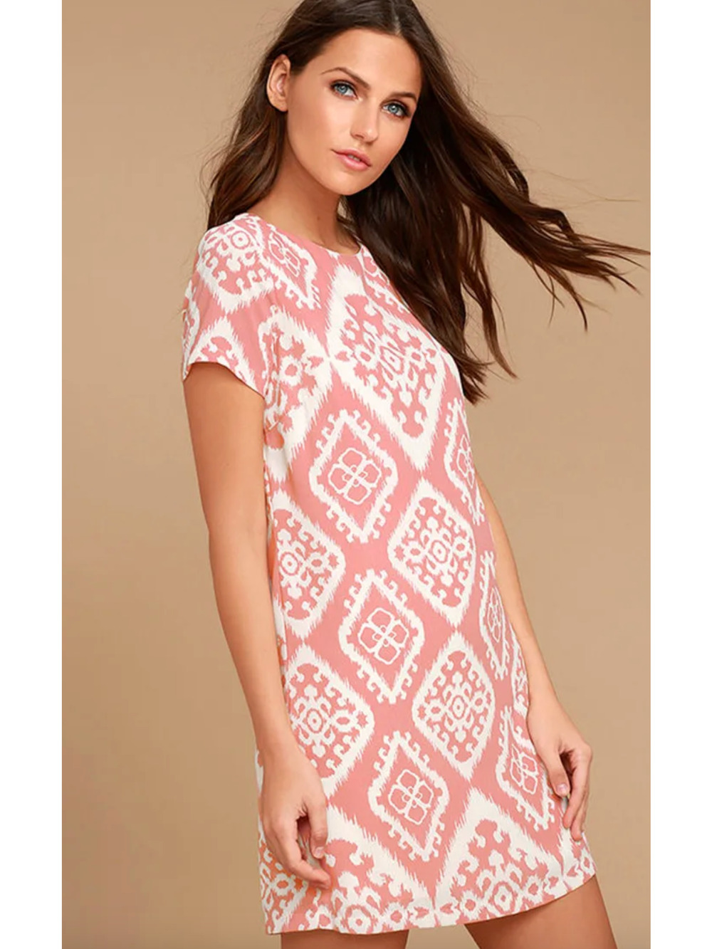 Lulus Give Me a Print Blush Pink Print Shift Dress Boho Retro Resort Medium NWT